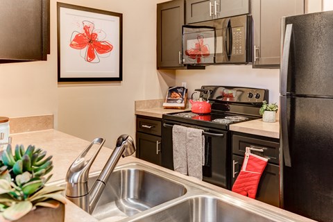 A kitchen with a black refrigerator, stove, and oven.