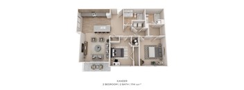 A 2 bedroom, 2 bathroom apartment with a total of 1114 square feet.
