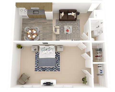 A top-down view of a living room with a fireplace and a couch.