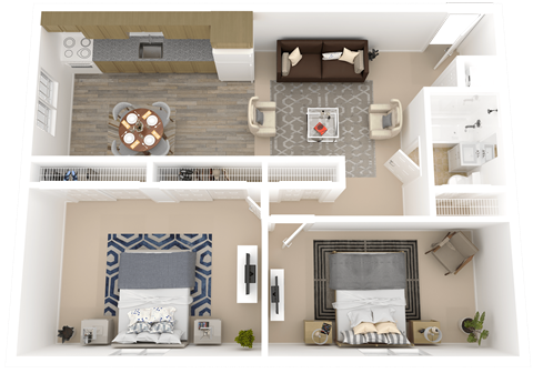 A top-down view of a small apartment with a living room, kitchen, and two bedrooms.