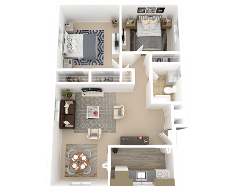 A top-down view of a small apartment with a living room, kitchen, and two bedrooms.