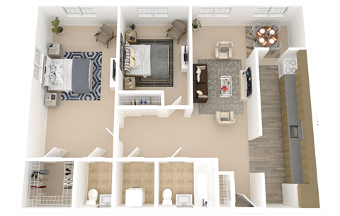 A 3D rendered image of a house layout.