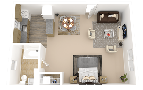 A top-down view of a living room with a couch, coffee table, and fireplace.
