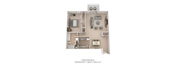 A 1 bedroom apartment with 1 bathroom and 852 square feet.