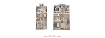 A floor plan of a 3 bedroom apartment with 2.5 bathrooms and 1480 sqft.