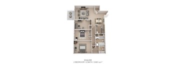 A floor plan of an apartment with two bedrooms and two bathrooms.