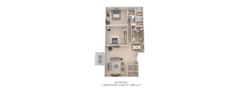 A floor plan of a guildhall with two bedrooms and two bathrooms.