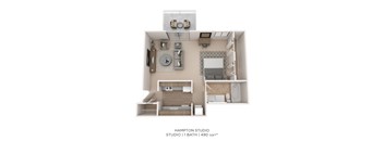 A 3D rendering of a studio apartment with a bed, sink, and stove.