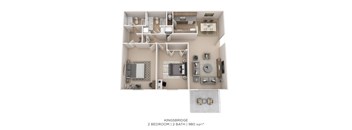 A floor plan of a 2 bedroom, 2 bathroom apartment with a total area of 980 sqft.