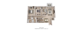 A 3 bedroom apartment with 2 bathrooms and a total area of 1240 sqft is showcased in the image.