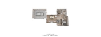 A 2 bedroom, 1 bathroom apartment is 742 square feet.