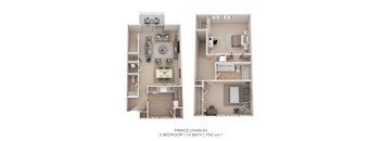 A floor plan of a 2 bedroom apartment with 1.5 bathrooms and 1152 sqft.