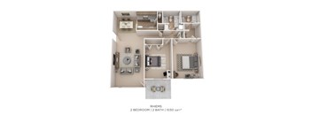 A floor plan of a 2 bedroom, 2 bathroom apartment sized 1030 sqft.