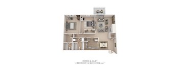 A floor plan of a 2 bedroom apartment with 2 bathrooms.