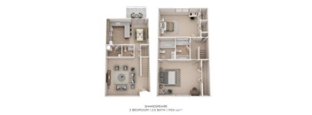 A diagram of a 2 bedroom apartment with 2.5 bathrooms and 1104 square feet.