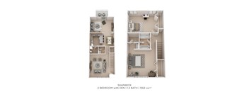 A diagram shows a 2 bedroom apartment with a den and a 1.5 bath.