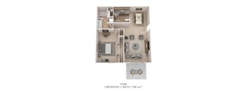 A 1 bedroom 1 bathroom apartment is 728 square feet.
