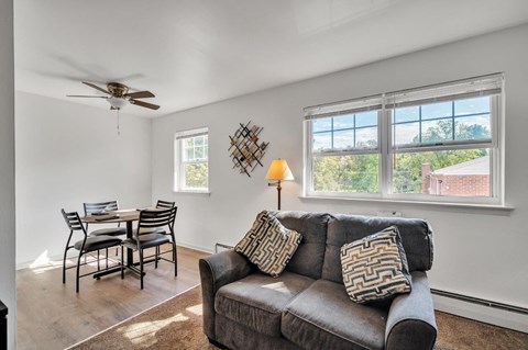 A living room with a grey couch, a dining table with chairs, a ceiling fan, and a window with a view of the outdoors.