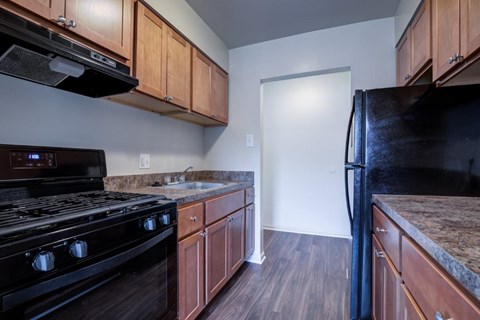 A kitchen with a black stove and refrigerator.