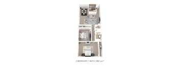 A 2 bedroom apartment with a bathroom is 892 sqft.