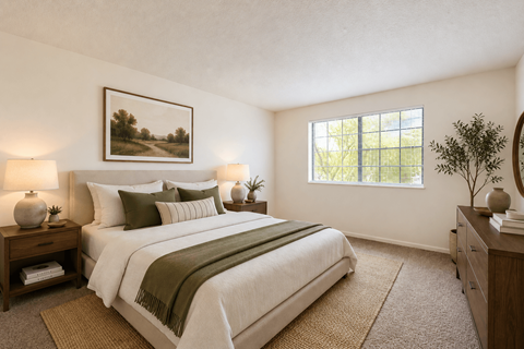 A bedroom with a large bed and a painting on the wall.
