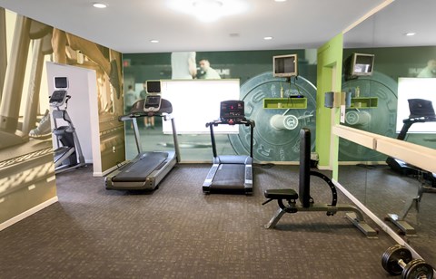 A gym with treadmills, exercise bikes, and weights.