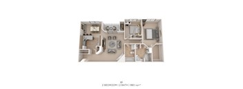 A floor plan of a 2 bedroom apartment with 2 bathrooms and a total of 980 square feet.