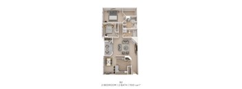 A floor plan of a 2 bedroom, 2 bathroom apartment with a total of 1100 sqft.