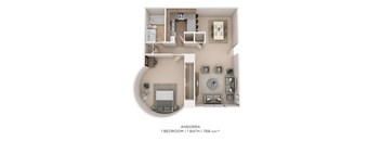A 3D floor plan of a one bedroom apartment with a bathroom.