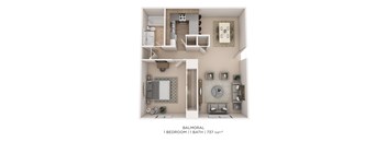 A balmoral 1 bedroom 1 bath 737 sqft floor plan.