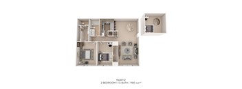 A floor plan of a 2 bedroom apartment with 1.5 bathrooms and 1190 square feet.