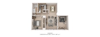 A floor plan of a one bedroom apartment with a den and a bathroom.
