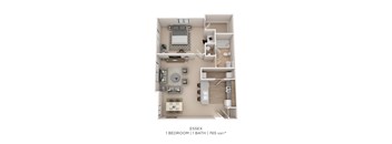 A floor plan of an apartment with one bedroom and one bathroom.