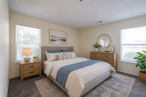 A bedroom with a large bed, a nightstand with a lamp, and a plant on the windowsill.
