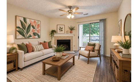 A living room with a couch, chair, and a fireplace.