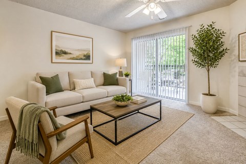 A living room with a white couch, a green throw blanket, a wooden chair, a glass coffee table, and a potted plant.