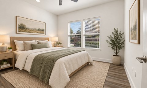 A bedroom with a large bed and a painting on the wall.