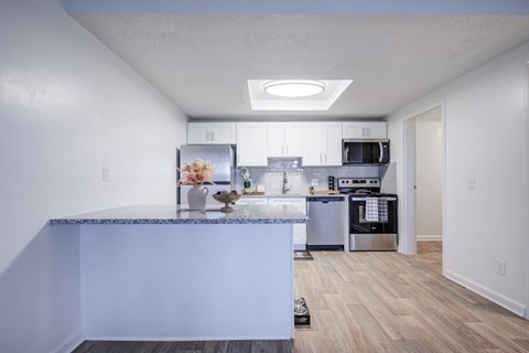 A kitchen with a marble countertop and stainless steel appliances.