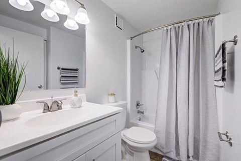 A bathroom with a white sink, toilet, and shower curtain.