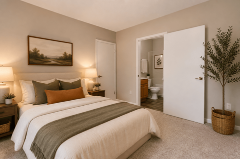 A bedroom with a large bed and a painting on the wall.