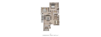 A 3 bedroom apartment with 1 bathroom is 947 square feet.