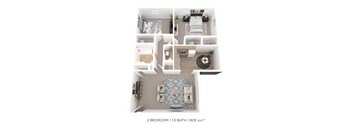 3D floorplan of a 2 bedroom 1.5 bath apartment