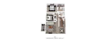 A floor plan of a 2 bedroom, 2 bathroom apartment with a total of 925 square feet.