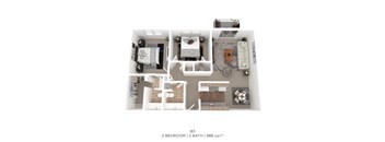 A 2 bedroom, 2 bathroom apartment with 988 square feet.