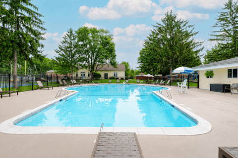 A large outdoor swimming pool surrounded by trees and a fence.