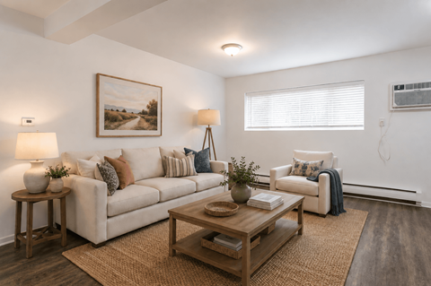 A living room with a white couch, a coffee table, and a painting on the wall.
