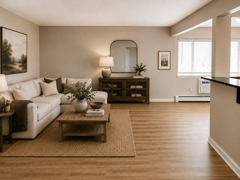 A living room with a white sofa, wooden coffee table, and a large mirror.