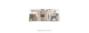 A 1 bedroom 1 bathroom apartment is 750 sqft.