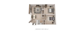 A 2 bedroom apartment with a bathroom and a living room.