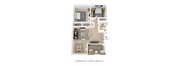 A 2 bedroom apartment with a bathroom is 900 square feet.
